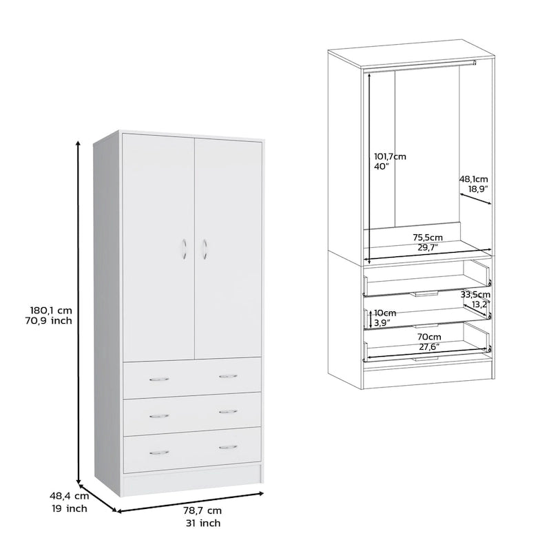 Grande Armoire Moderne à Deux Portes avec 3 Tiroirs et 1 Tringle pour Chambre à Coucher