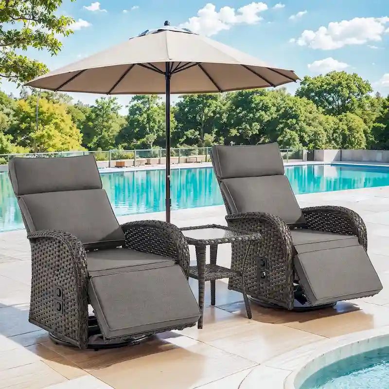 Pocassy 3 PCS Fauteuil inclinable d'extérieur polyvalent avec table d'appoint Coussin gris