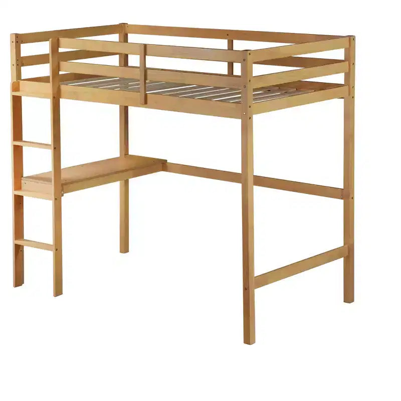 Lit mezzanine Okak Minimalism avec échelle, lit mezzanine simple en bois d'hévéa avec garde-corps de sécurité et bureau intégré, cadres de lit pour enfants, adolescents