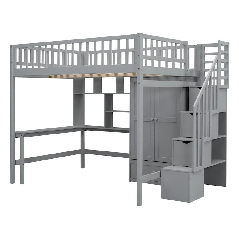Lit mezzanine en pin avec bureau et rangements
