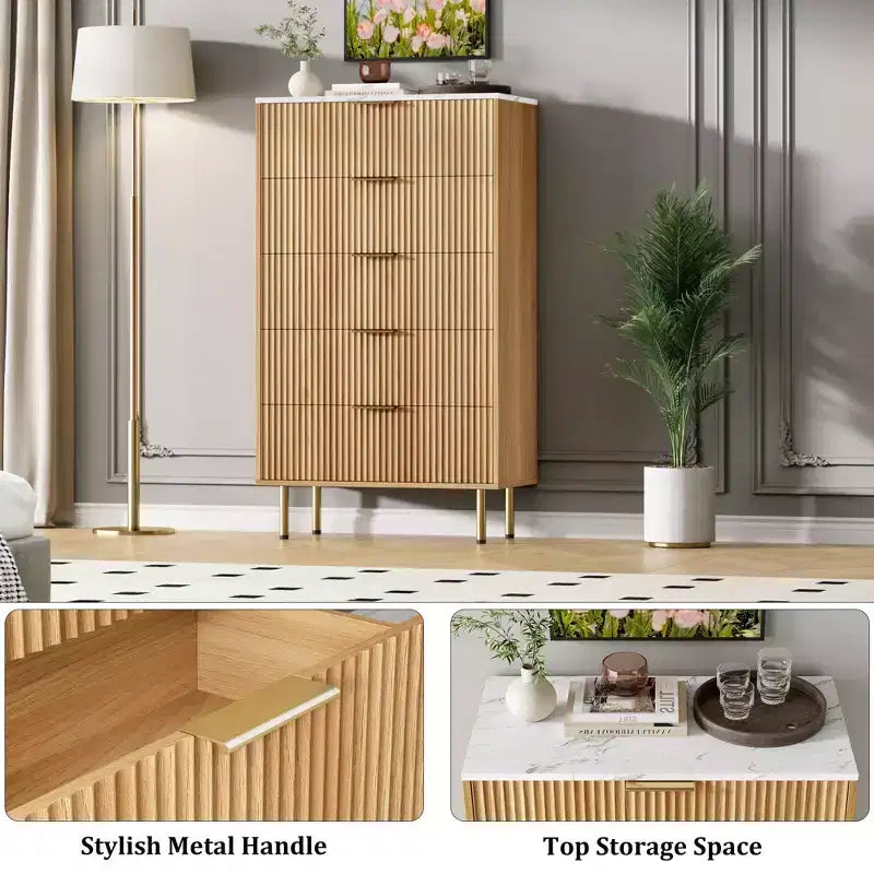 Commode à 5 tiroirs blanche / marbre et bois – Panneau cannelé, pour 1 personne
