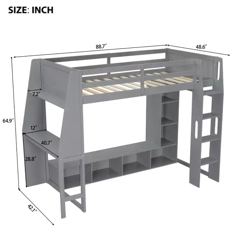 Lit mezzanine gaming Whisen Wood de taille double avec bureau, étagères multi-rangements, LED et une penderie suspendue