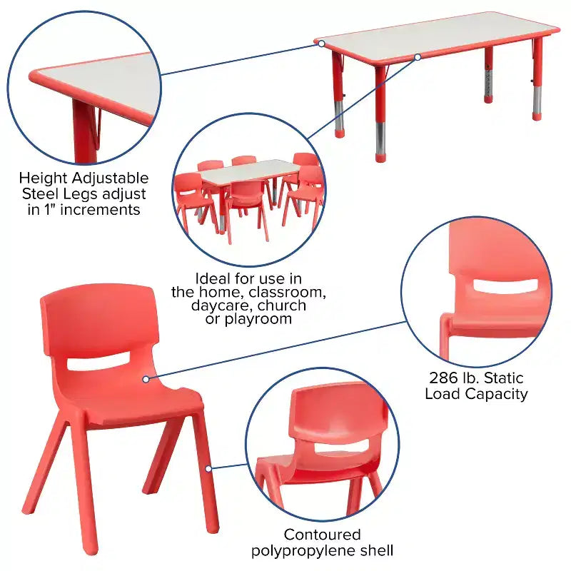 Emma et Oliver, ensemble table d'activités rectangulaire en plastique réglable en hauteur (60 cm x 120 cm) avec 6 chaises