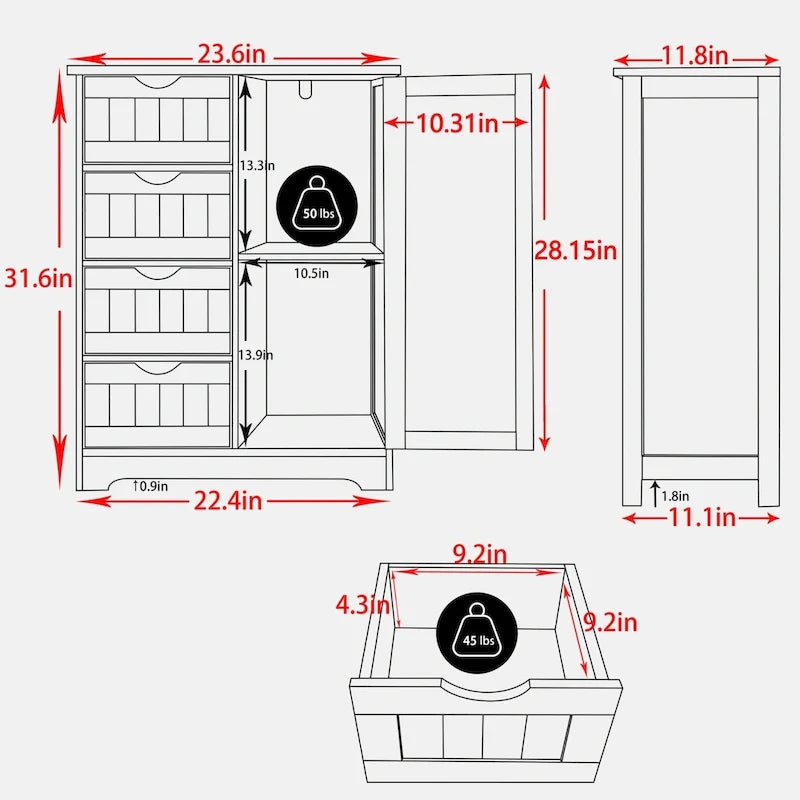 Meuble de Rangement Salle de Bain VEIKOUS sur Pied avec 4 Tiroirs