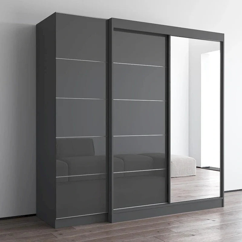 Armoire 2 portes avec miroir, façade vitrée, 2 personnes (Gris / Noir / Blanc)