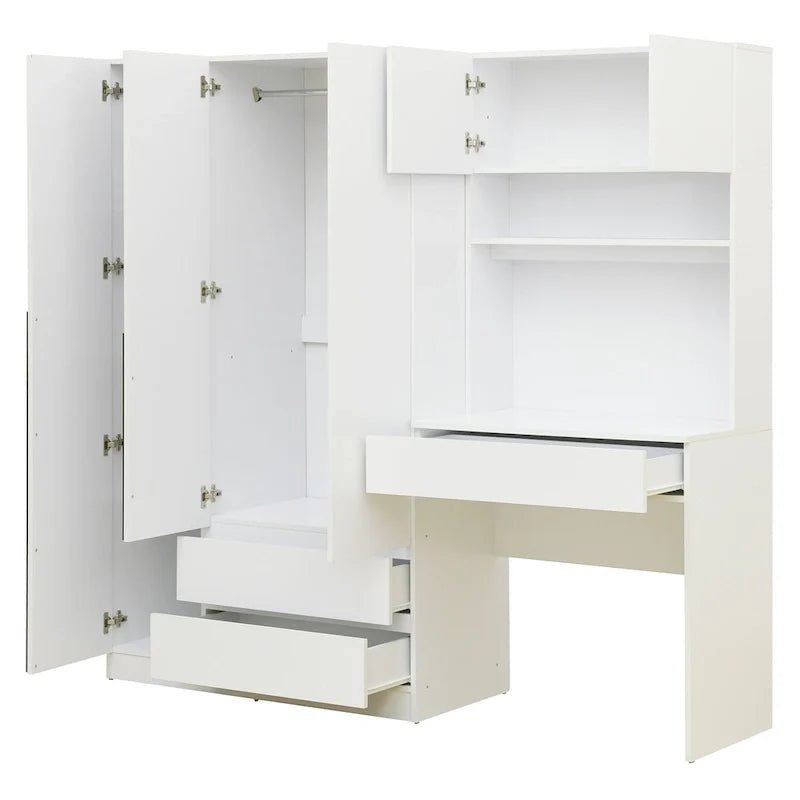 Armoire-penderie 3-en-1 avec coiffeuse, ensemble de bureau, armoire de chambre avec 2 tiroirs, armoire-penderie à 3 portes avec espace de rangement