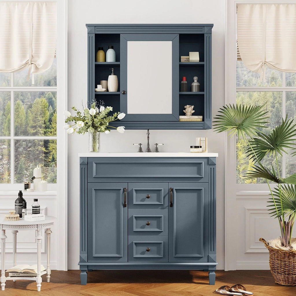 Meuble-lavabo de salle de bain moderne de 91 cm avec lavabo et armoire de toilette, 2 portes et 2 tiroirs