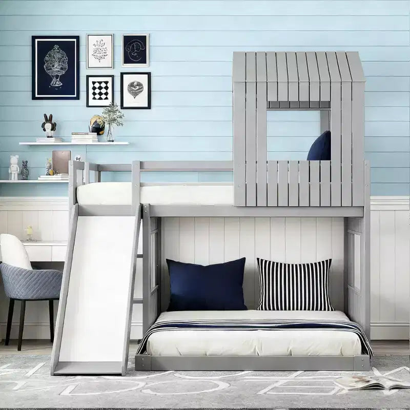 Lit superposé en bois Luxystar avec maisonnette, toboggan et barrières de sécurité, double sur grand lit