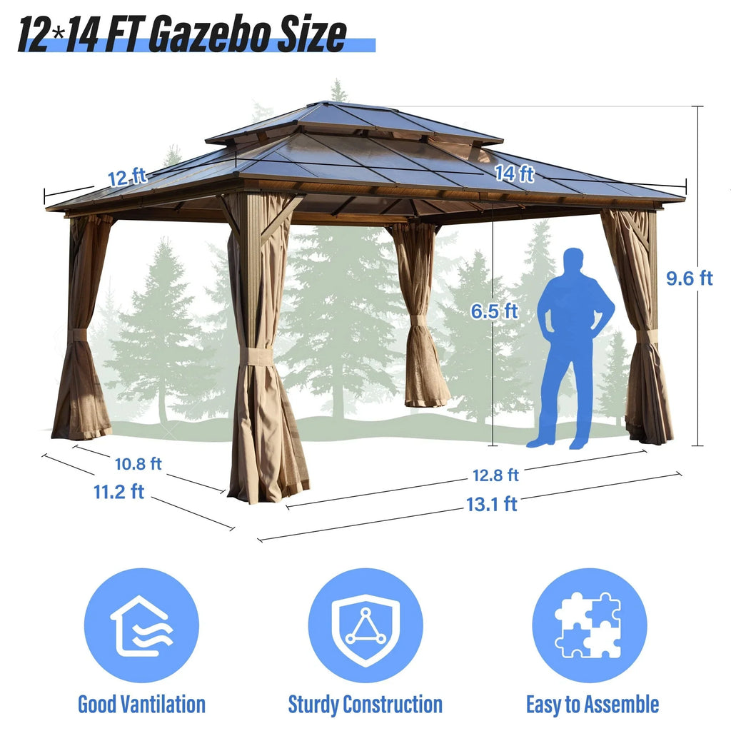 Tonnelle EROMMY à toit rigide, pergola extérieure avec double toit, moustiquaire et rideaux, auvent robuste pour patio, jardin, fête au bord de la piscine
