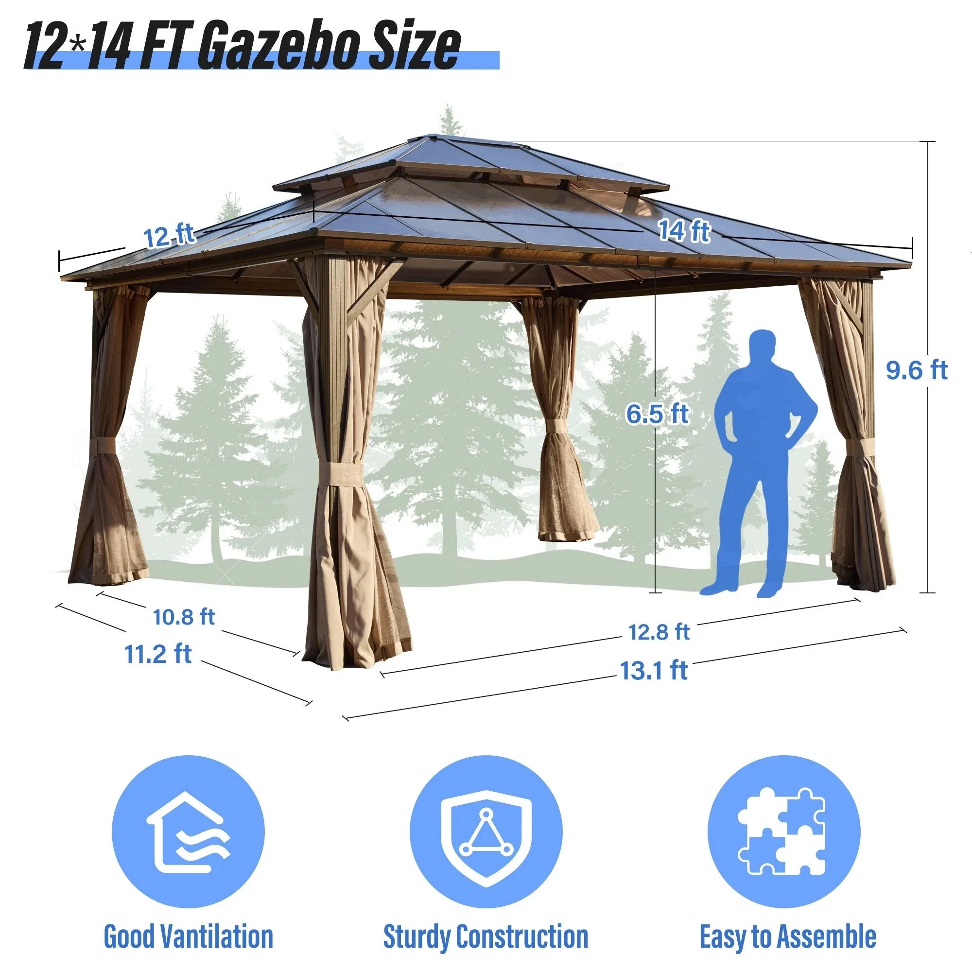 Tonnelle EROMMY à toit rigide, pergola extérieure avec double toit, moustiquaire et rideaux, auvent robuste pour patio, jardin, fête au bord de la piscine