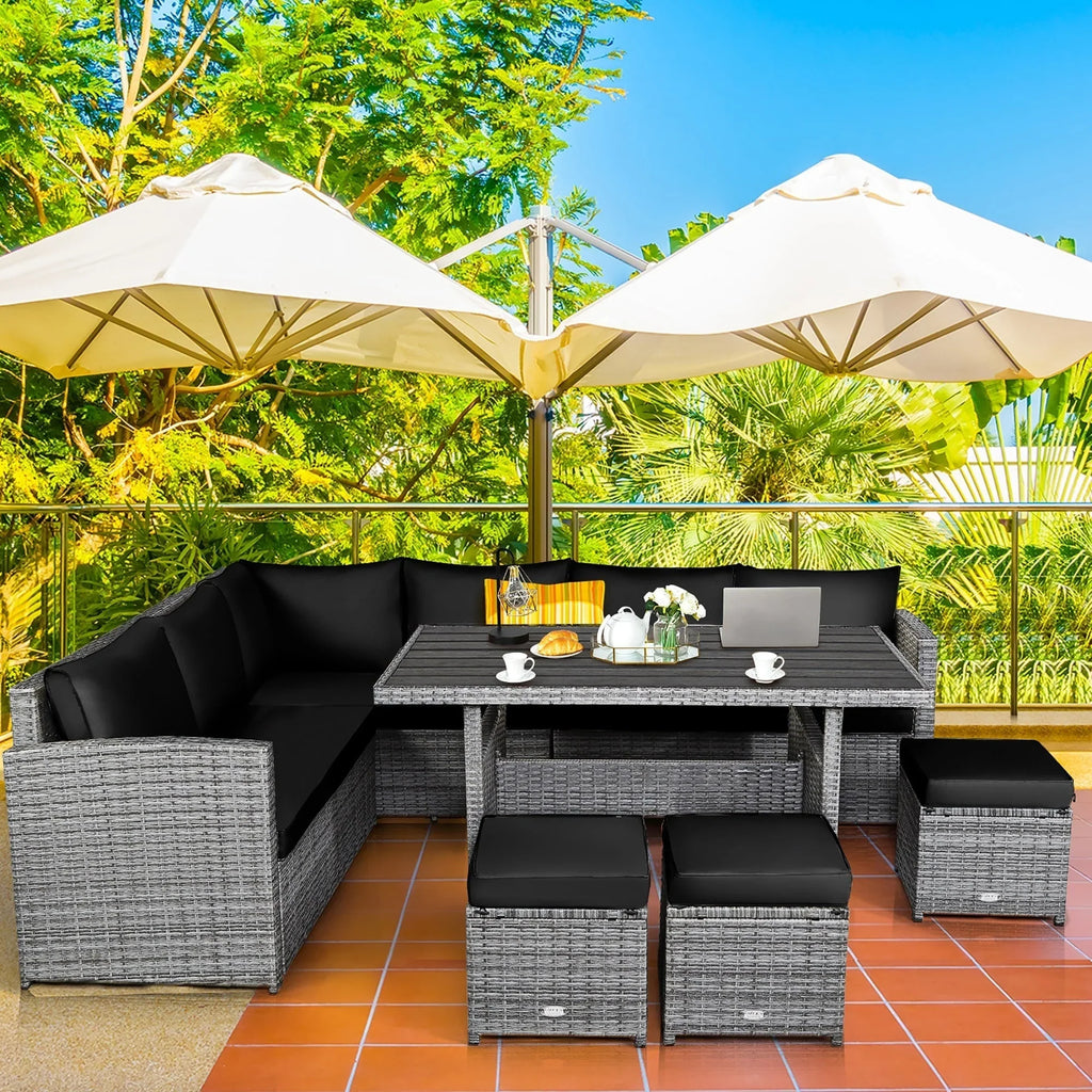 Ensemble de salle à manger Costway 7 pièces en rotin pour terrasse, canapé sectionnel et pouf - Voir détails