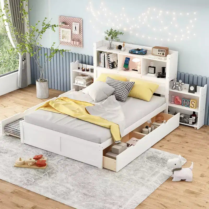 Lit plateforme complet avec lit gigogne, tête de lit bibliothèque et station de recharge, cadre de lit double en bois avec étagères et tiroirs