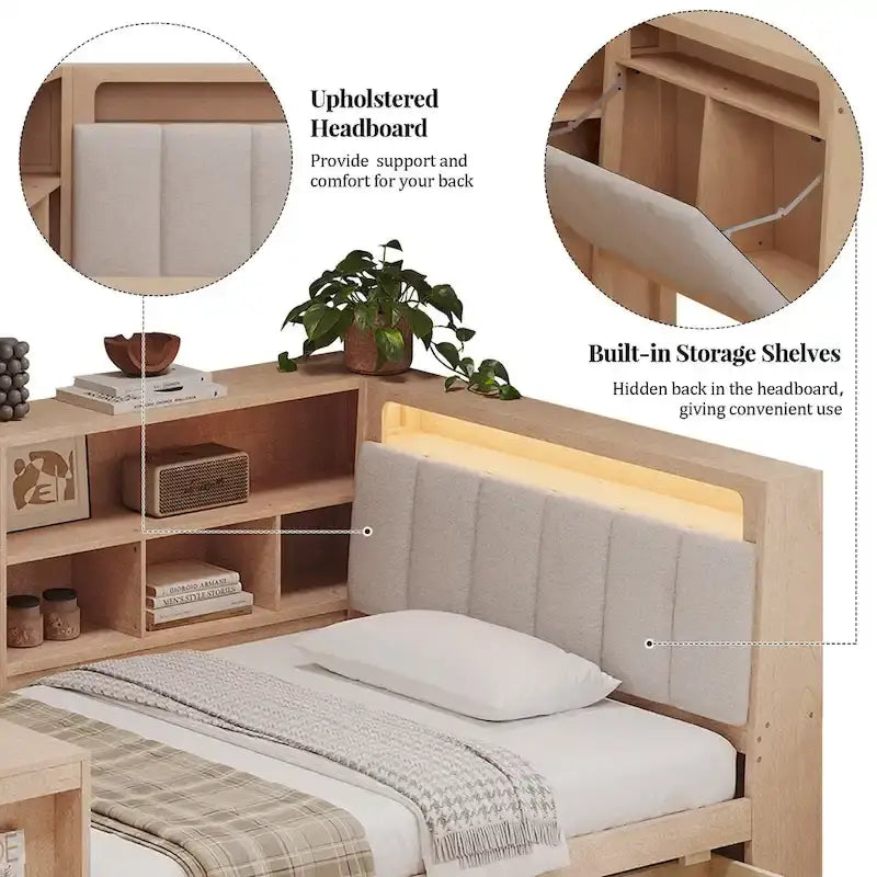 Canapé-lit d'angle en bois en forme de L avec bureau, bibliothèque, lit d'angle avec tiroirs de rangement, tête de lit rembourrée et éclairage intégré