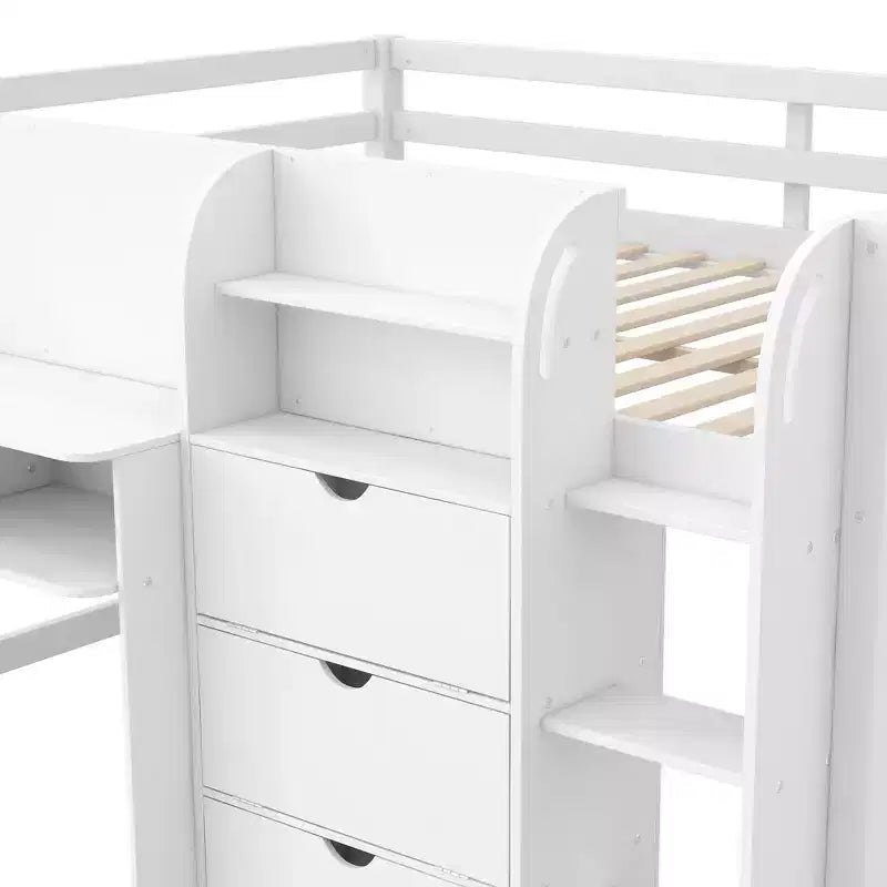 Lit mezzanine bas rose et blanc avec bureau, rangements et tableau blanc – Jumeau, 1 personne