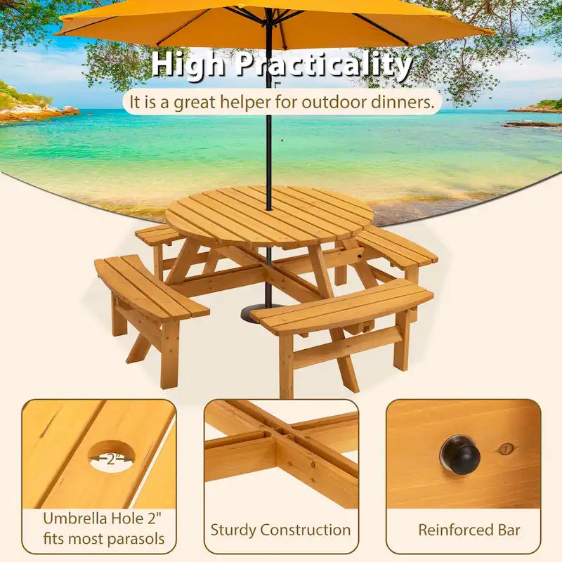 Ensemble de salle à manger rond en bois de sapin pour patio extérieur 8 personnes avec 4 bancs intégrés et trou pour parasol