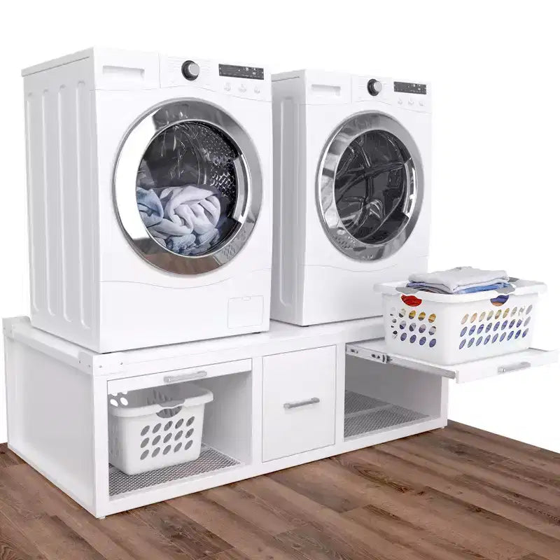 Pieds de machine à laver et sèche-linge GDLF, support universel pour machine à laver et sèche-linge avec étagère coulissante, blanc