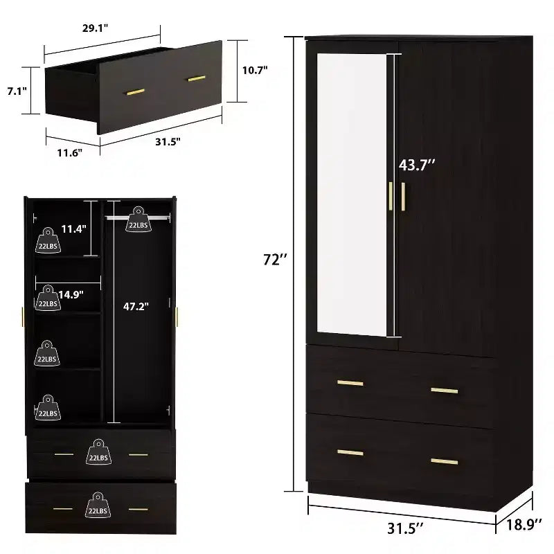 Hitow Armoire de rangement double tiroir avec portes miroir et zones de rangement