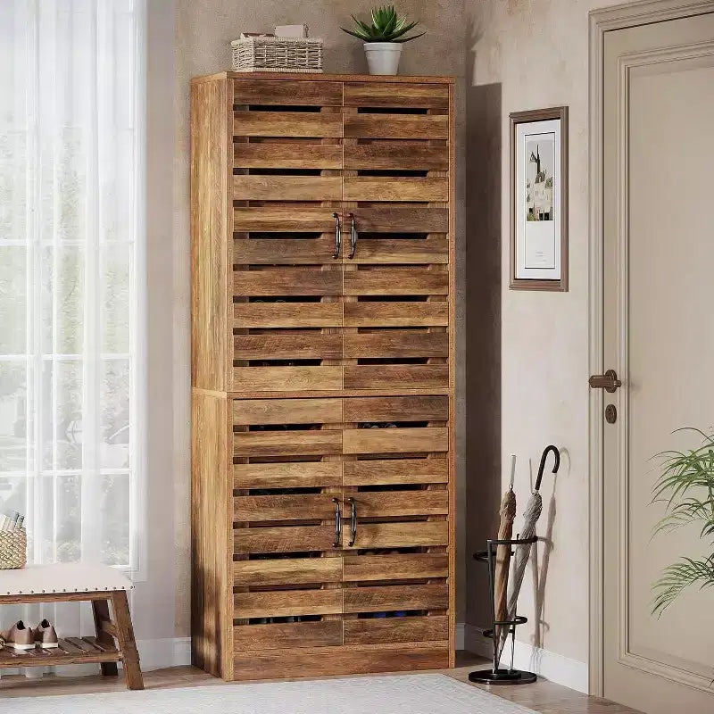Lantine Meuble à chaussures haut 70,8" avec portes persiennes, meuble de rangement vertical pour 27 paires de chaussures à 9 niveaux