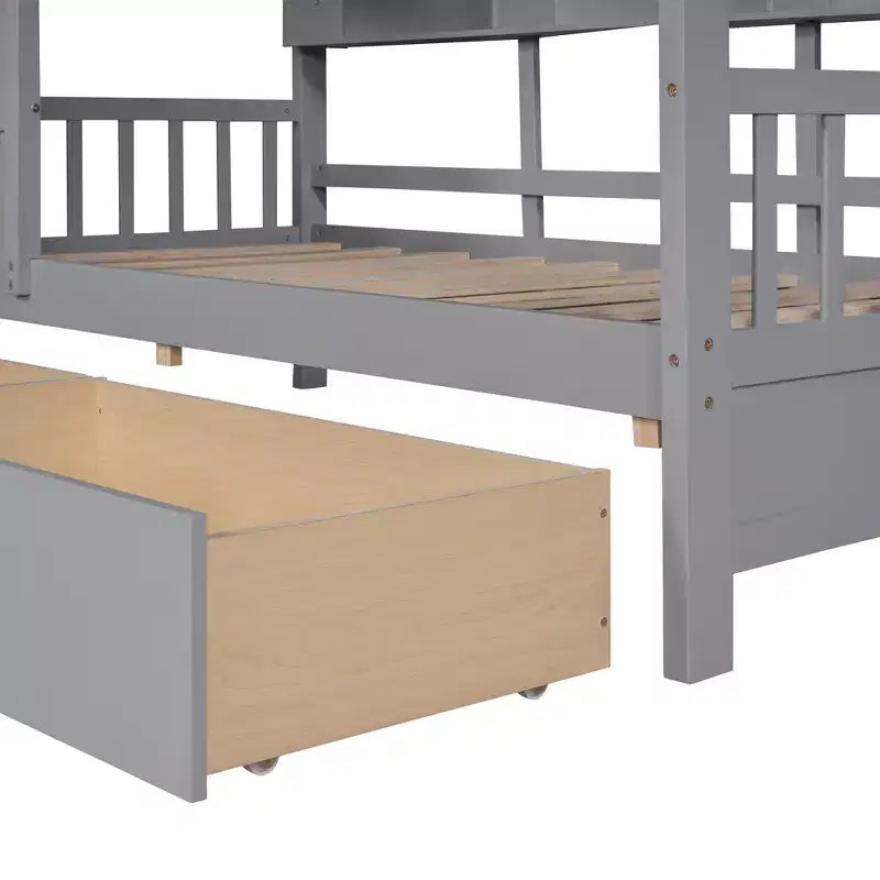 Lit cabane en bois double/complet avec 2 tiroirs, lit pour enfants avec étagère de rangement - ModernLuxe