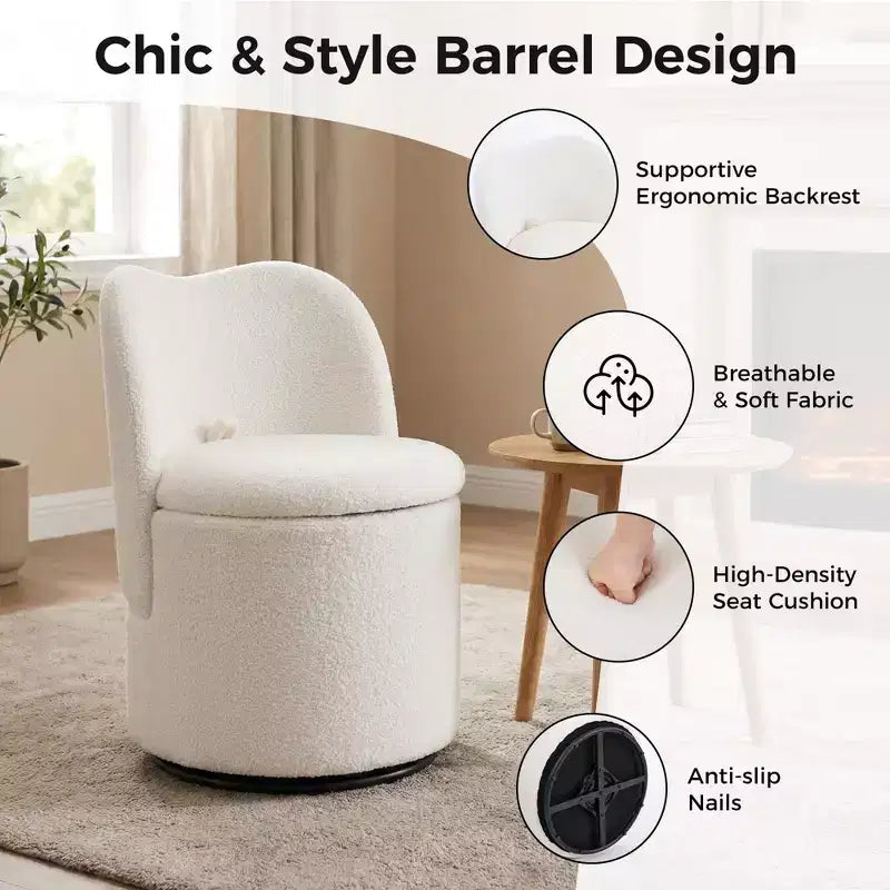 Chaise de vanité pivotante avec rangement, tabouret de maquillage rond rembourré avec dossier, fauteuil d'appoint rembourré doux pour chambre et salon