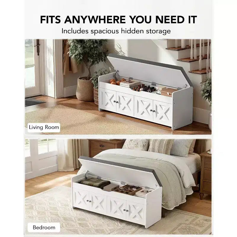 Banc de rangement pour chaussures, banc d'entrée de 120 cm de long avec siège rembourré relevable, 4 portes, capacité de 136 kg, banc avec étagère à chaussures pour entrée