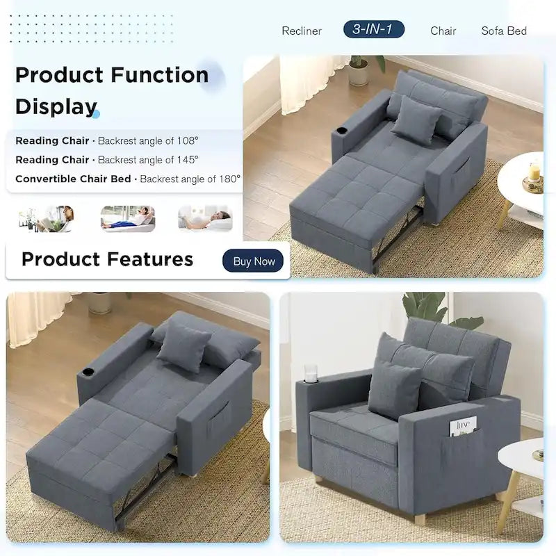 Fauteuil convertible 3-en-1, plusieurs coloris, une place
