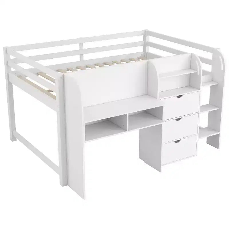 Lit mezzanine bas rose et blanc avec bureau, rangements et tableau blanc – Jumeau, 1 personne