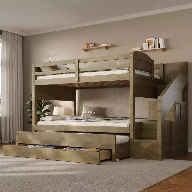Lit superposé Whisen Twin XL avec lit gigogne, lit superposé avec rangement, lit superposé en bois massif, escalier de rangement, armoire, 3 tiroirs, pour enfants