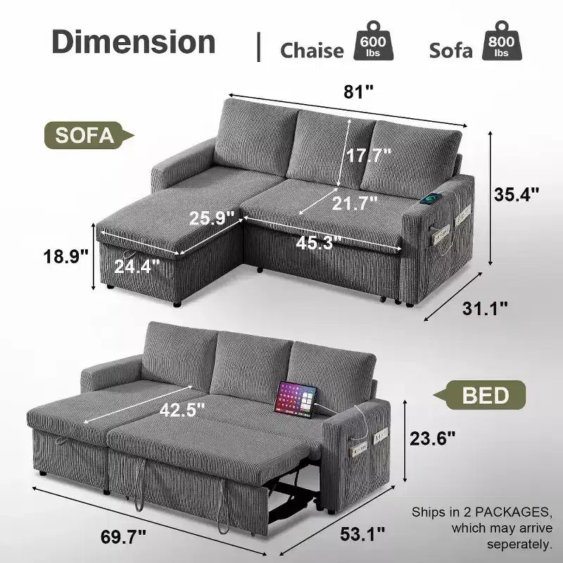 Canapé-lit sectionnel Dyonery 81, canapé-lit escamotable en forme de L avec méridienne de rangement réversible, USB, dossier inclinable