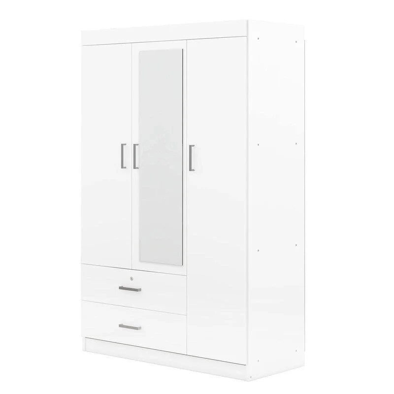 Armoire penderie 3 portes avec miroirs, étagères et 2 tiroirs