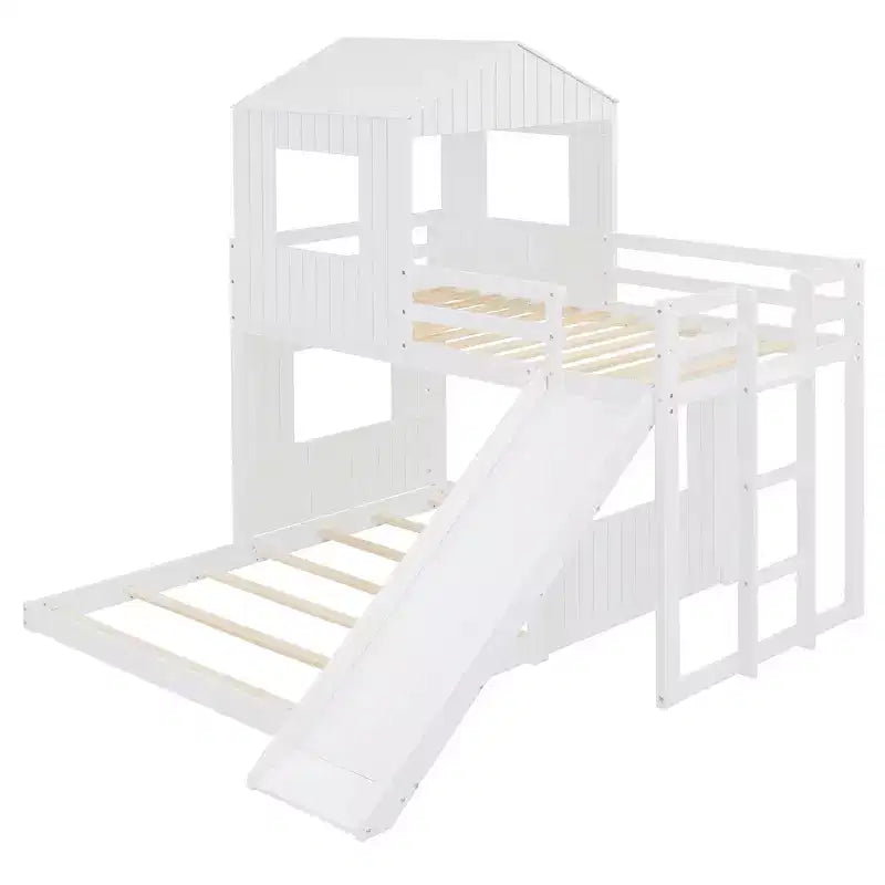 Lit superposé en bois Luxystar avec maisonnette, toboggan et barrières de sécurité, double sur grand lit