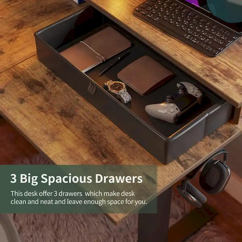 Bureau d'angle électrique debout avec 3 tiroirs et roulettes verrouillables, 160