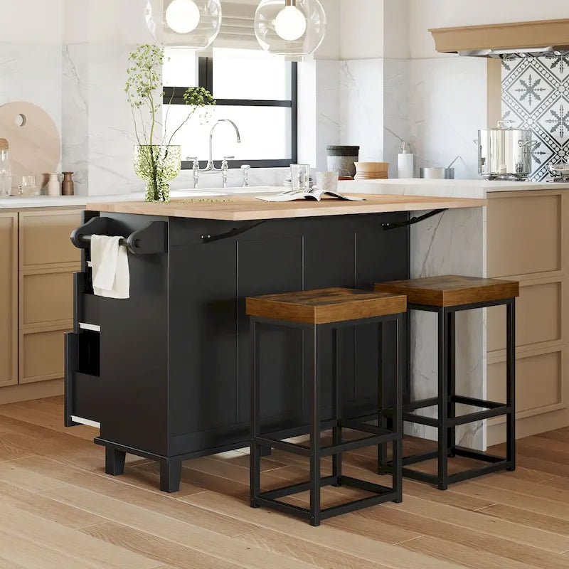 Ensemble d'îlot de cuisine TOPMAX avec abattant et 2 tabourets, ensemble de table à manger avec étagère réglable, tiroirs et porte-serviettes