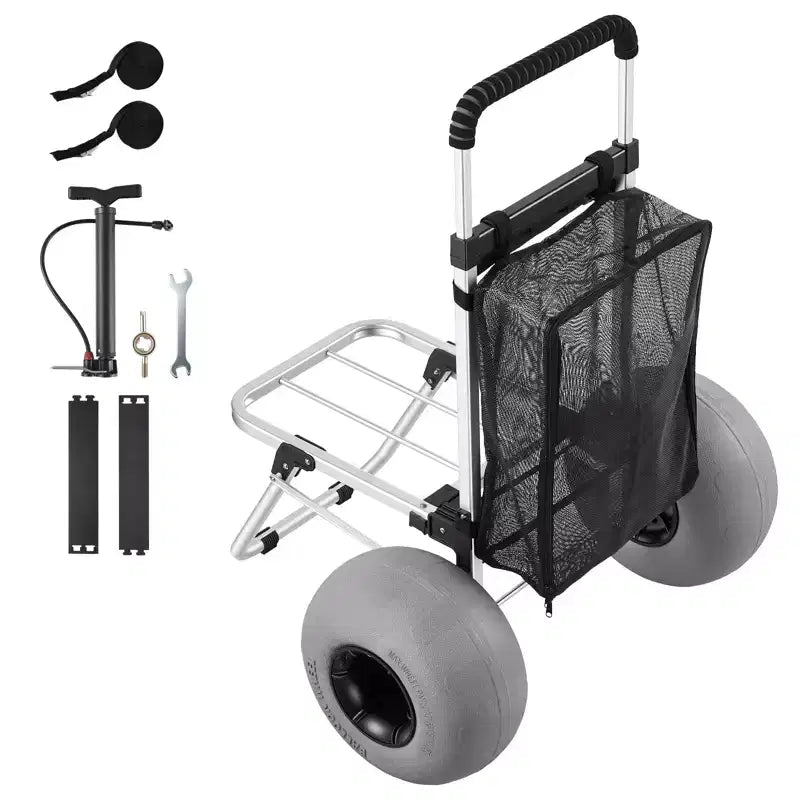 Chariot de plage VEVOR avec grandes roues pour le sable, plateforme de chargement 50,8 x 38,1 cm, chariot de sable pliant avec 2 roues ballon, capacité de charge 75 kg, argenté+noir