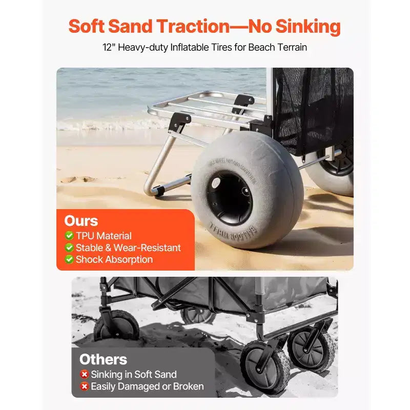 Chariot de plage VEVOR avec grandes roues pour le sable, plateforme de chargement 50,8 x 38,1 cm, chariot de sable pliant avec 2 roues ballon, capacité de charge 75 kg, argenté+noir