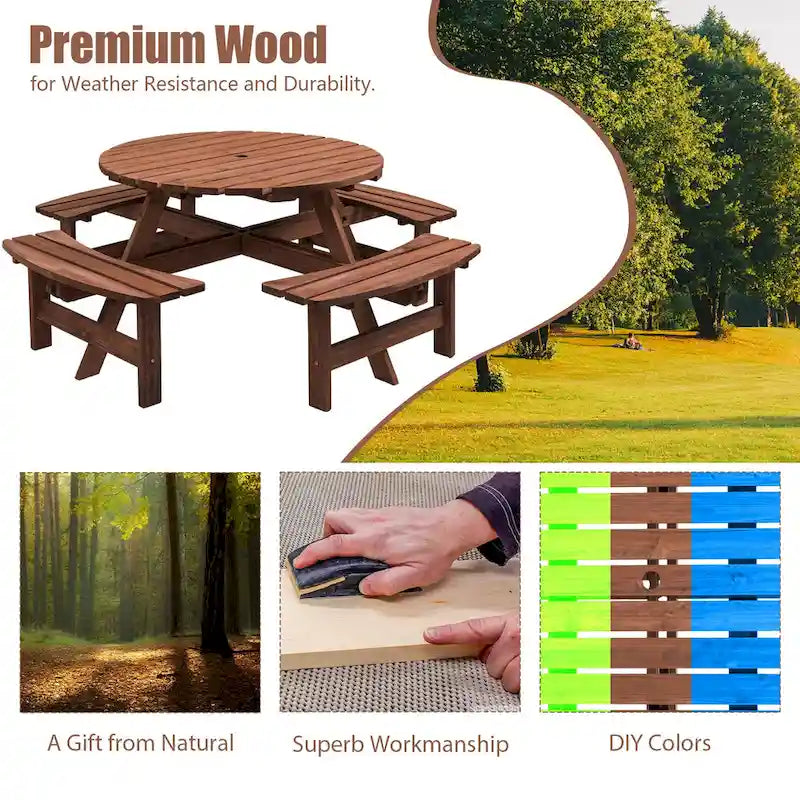 Ensemble de salle à manger rond en bois de sapin pour patio extérieur 8 personnes avec 4 bancs intégrés et trou pour parasol