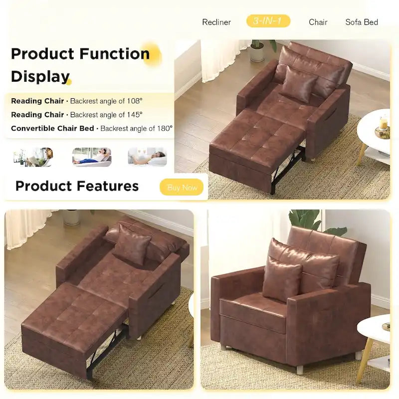 Fauteuil convertible 3-en-1, plusieurs coloris, une place