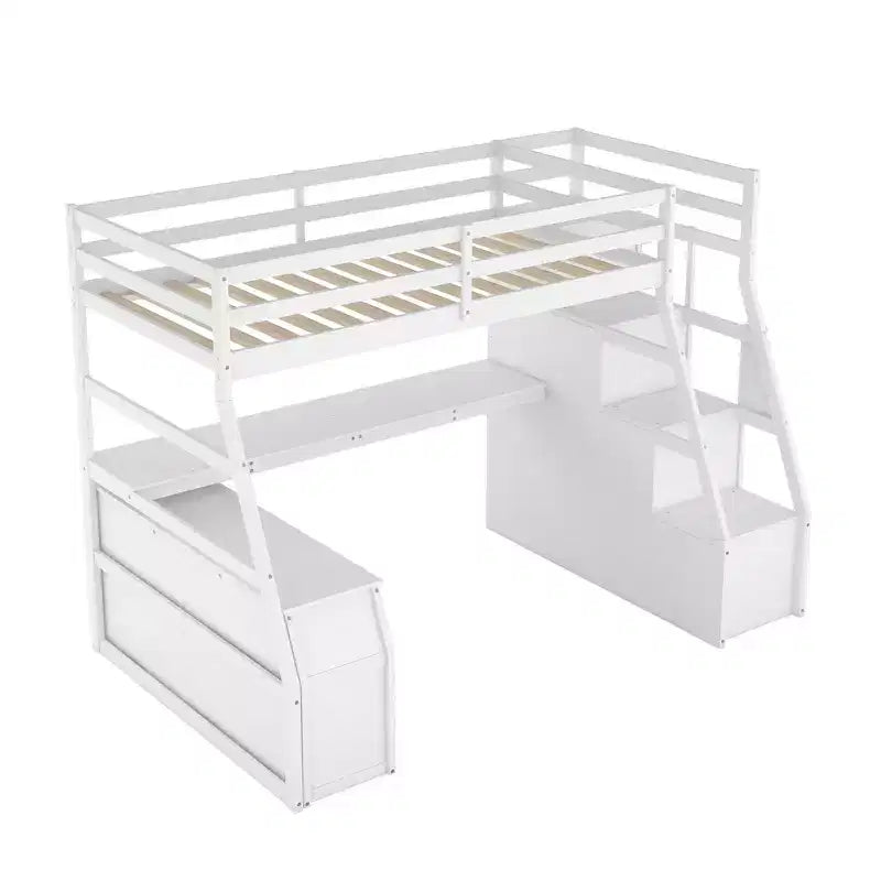 Lit mezzanine simple avec 7 tiroirs, 2 étagères, armoire et bureau pour enfants et adolescents