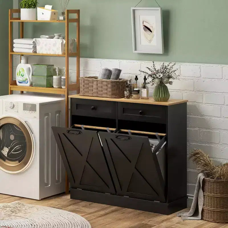 Meuble de salle de bain HOMCOM avec panier à linge basculant, 2 paniers amovibles et 2 tiroirs