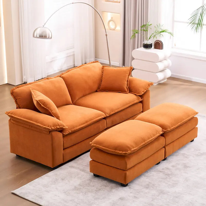 Canapé 2 places avec 2 coussins de siège, 2 oreillers et 2 poufs, canapé confortable - Canapé profond de salon, canapé modulable
