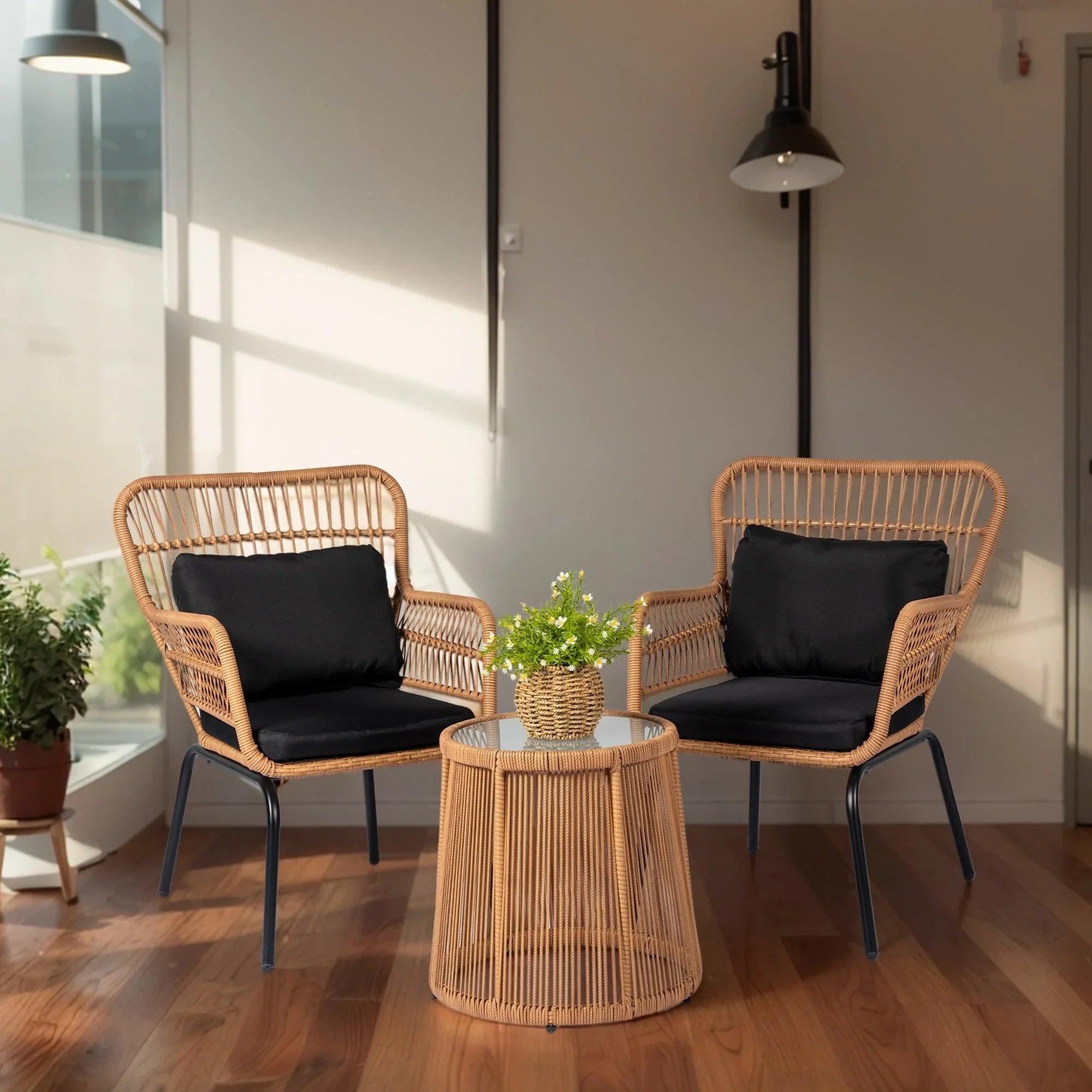 Ensemble bistrot 3 pièces en osier pour conversation, salon de jardin en rotin résistant aux intempéries avec coussins
