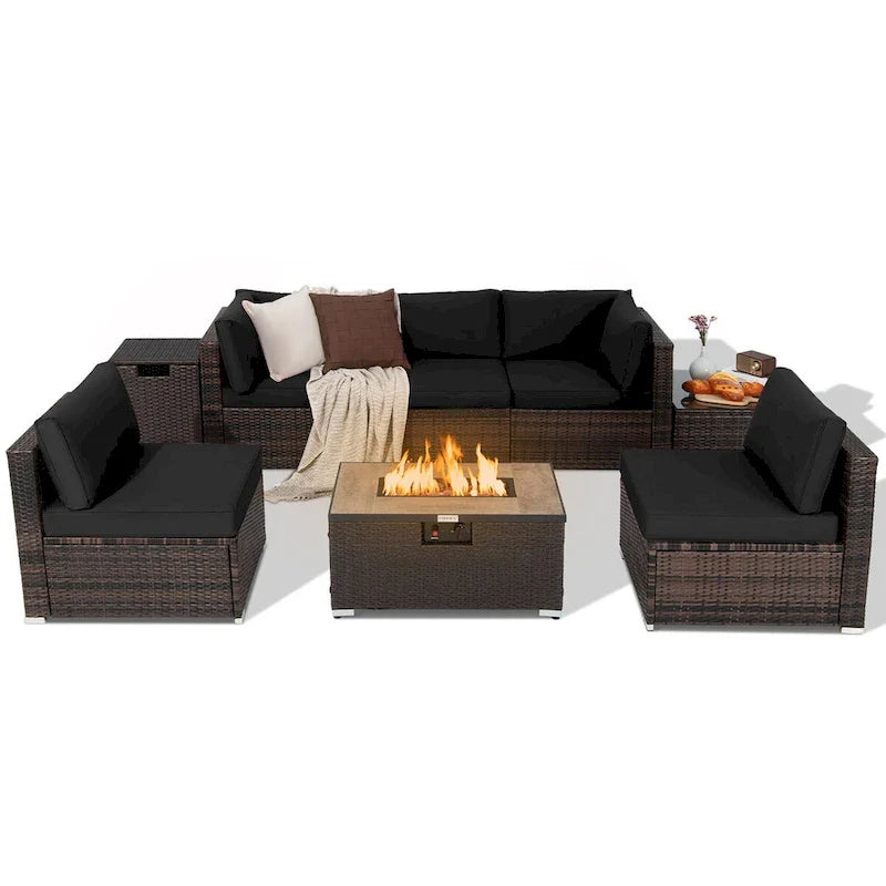 Ensemble de meubles de patio en rotin 8 pièces, table de foyer, support de bouteille de gaz, housse de terrasse