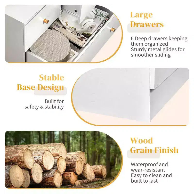 Grande commode à 6 tiroirs Karl Home pour chambre à coucher et commode à tiroirs avec construction robuste en bois, organisateur de rangement pour placard, en blanc