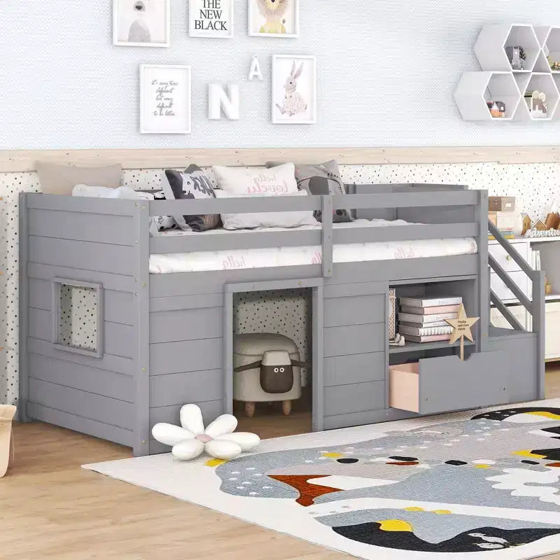 Lit mezzanine jumeau Okak en bois massif avec escalier et rangement, lits superposés jumeaux à profil bas avec tiroirs et étagères, lits mezzanine multifonctionnels pour enfants et adolescents