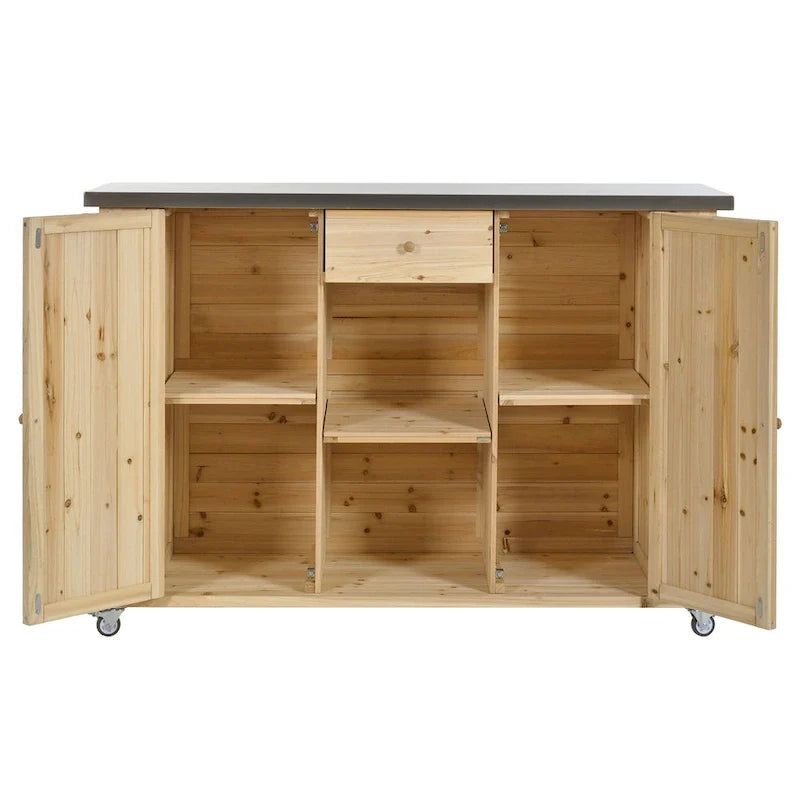 Îlot de cuisine d'extérieur, bois de sapin rustique avec plateau en acier inoxydable et rangement intelligent