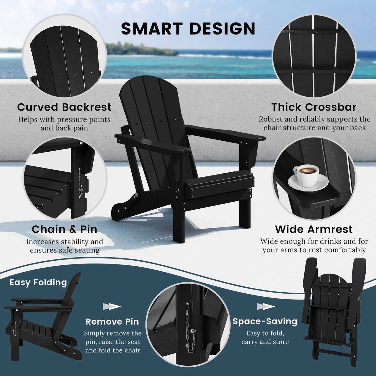 Chaise Adirondack pliante d'extérieur tout temps Polytrends Laguna résistante à la décoloration pour patio