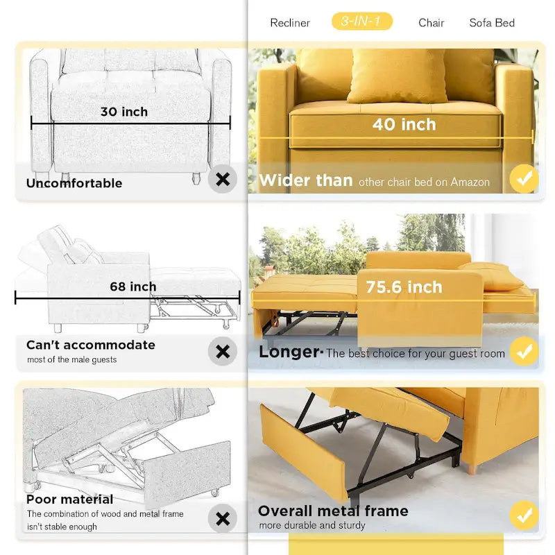 Fauteuil convertible 3-en-1, plusieurs coloris, une place