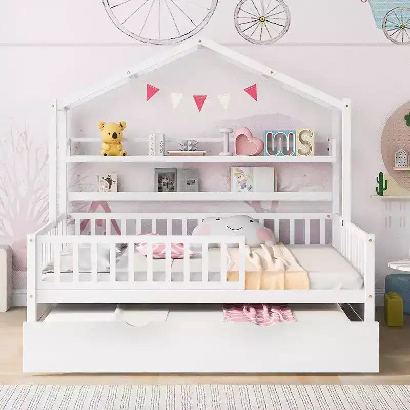 Acekool Lit cabane grandeur nature avec lit gigogne double, tiroirs de rangement et étagères, toit et clôture, lit plateforme pour enfants, blanc