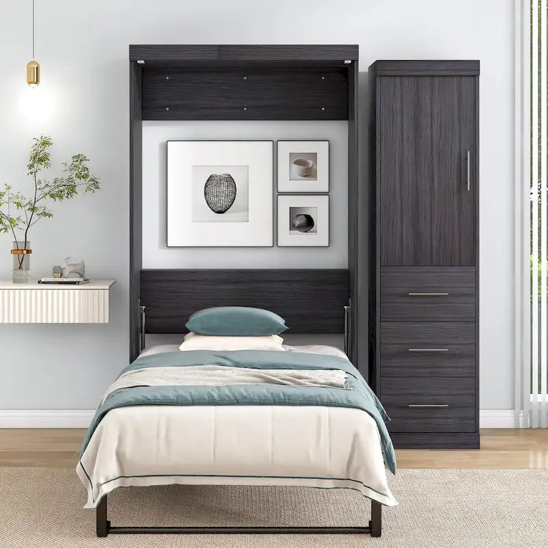 Lit escamotable gris avec armoire et 3 tiroirs, grand lit/lit simple, 1 personne