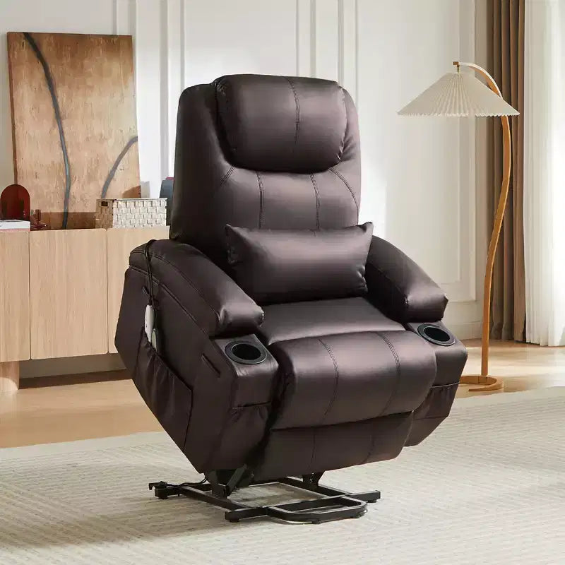 Fauteuil inclinable électrique Bestier de 88 cm avec fonction de levage, massage et chauffage, en similicuir, avec poches latérales et porte-gobelets